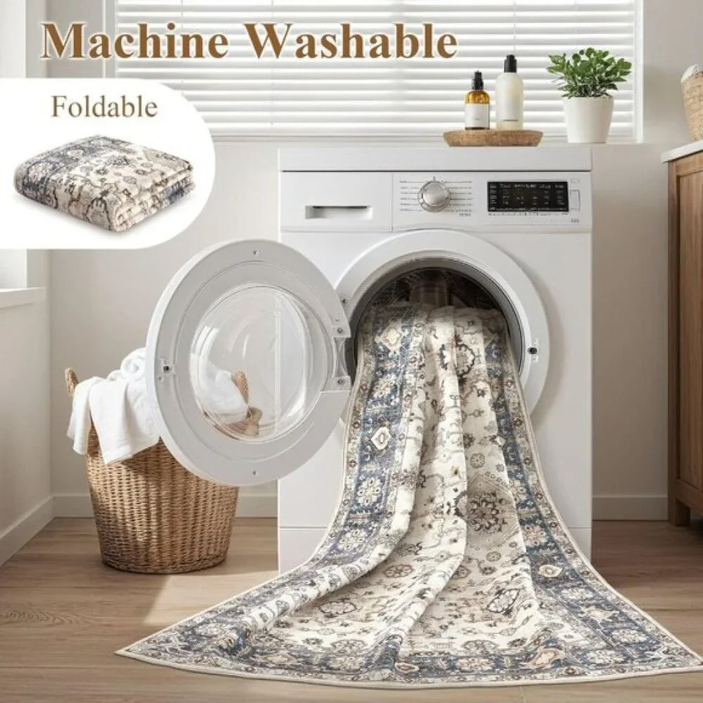 New 5x7 Blue Washable Area Rug Vintage Non-Slip Carpet for Living Room Home